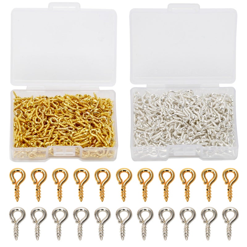 Coolrunner 600pcs Small Screw Eye Pins, 10mm x 4.5mm Eye pins Hooks, Eyelets Screw Threaded Silver Clasps Hooks Eye Screws for Arts DIY Making (Gold+Sliver) - Image 1